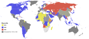 Mapa mostrando os países que saltaram os Jogos Olímpicos de Verão de 1976 (amarelo), 1980 (azul) e 1984 (vermelho).