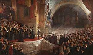 Een schilderij van de opening van het eerste parlement van Australië, 9 mei 1901, geschilderd door Tom Roberts. Australië heeft een democratie sinds de jaren 1850.  