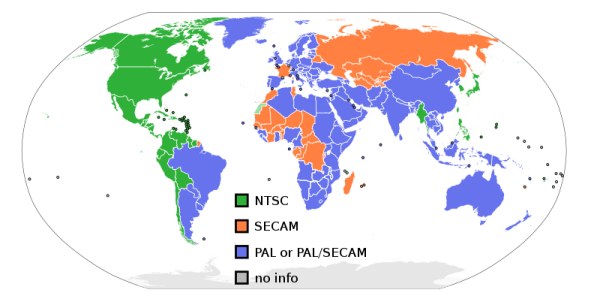 zelená - NTSC , modrá - PAL alebo prepínanie na PAL, oranžová - SECAM , olivová - žiadne informácie