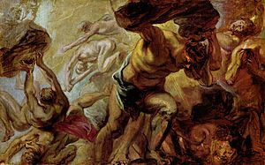 Titanen bezwijken onder de keien die door de Hekatonkheires worden geworpen ('De val van de Titanen' door Peter Paul Rubens, 1637-1638)