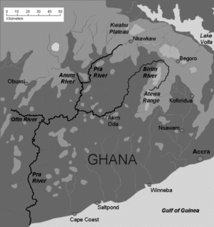 Het stroomgebied van de Pra rivier in Ghana, ten westen van de Volta