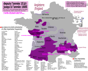 Purple colored are 16th century Huguenot territories on the map of France (in the borders of 1685). Light purple are disputed territories in French religious wars. Listed are places de sûreté protestantes. Colored blue are mostly German-speaking Lutheran areas of Alsace, which France annexed in 1648.