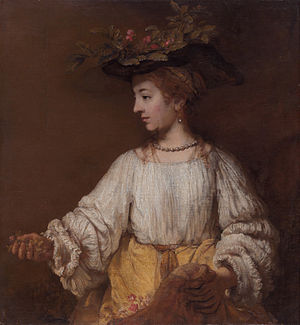 Questo dipinto di Rembrandt mostra come la pittura a olio può essere usata per mostrare texture come carne, capelli, stoffa, foglie, frutta, oro e perle.