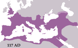 O Império Romano em sua maior extensão sob o regime de Trajano em 117 d.C.