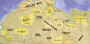 Kaart van de Sahara, met kenmerken in Libië.  