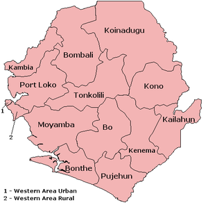 Les 12 districts et 2 zones de la Sierra Leone.