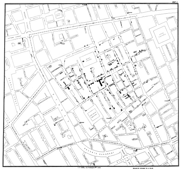 Oryginalna mapa Johna Snowa pokazująca, gdzie mieszkali ludzie, którzy zachorowali na cholerę podczas epidemii w Londynie w 1854 roku.