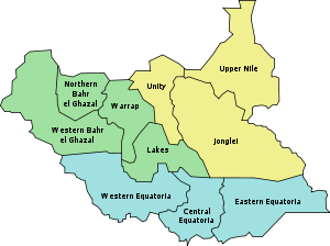 De ti stater i Sydsudan er grupperet i de tre historiske provinser i Sudan.      Bahr el Ghazal Equatoria Greater Upper Nile