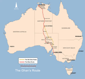 Az Adelaide-Darwin vasútvonal a távíróvonal útvonalát követi, a legkeletibb (sárga) nyomvonalon. A vasút 1929. augusztus 6-án érte el Alice Springset, Darwint pedig 2003-ban.