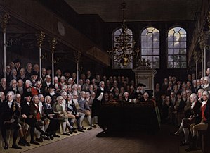 William Pitt the Younger giving a speech in the House of Commons, painting by Anton Hickel