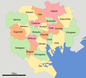 Een kaart van de 23 speciale afdelingen van Tokio