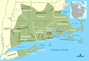 Kort, der viser de indianske stammeområder i det sydlige New England, omkring 1600;