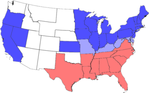 Opdeling af stater under borgerkrigen. Blå repræsenterer unionsstater, herunder de stater, der blev optaget under krigen; lyseblå repræsenterer grænsestater; rød repræsenterer konføderationsstater. Uskraverede områder var ikke stater før eller under borgerkrigen.