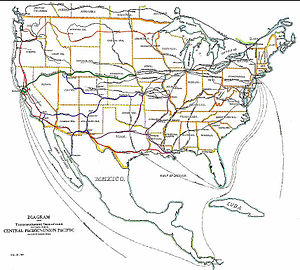 Transcontinentale spoorwegen in en nabij de Verenigde Staten tegen 1887.  