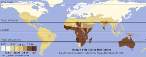 Kaart van de menselijke huidskleurverdeling in de wereld voor inheemse bevolkingsgroepen in 1940