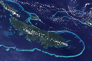 Satellite image of Vanatinai Island with clearly visible coral reef fringe (light blue).