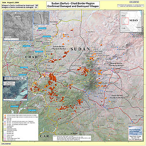 Tuhoutuneita kyliä Darfurin alueella Sudanissa vuonna 2004.  
