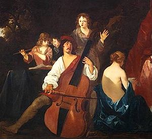 Violone ou grande violação de baixo. Pintura de Sir Peter Lely, c. 1640, pintor barroco inglês nascido na época holandesa. O instrumento é muito grande, de forma bastante italiana e tem ombros quadrados e furos modernos.