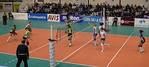 Een wedstrijd volleybal voor vrouwen. De bal is een waas boven het net