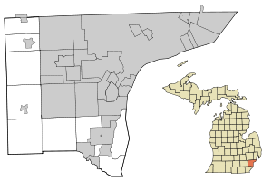 De vita områdena utgörs av icke inkorporerade charter- och civilkommuner. De grå områdena representerar inkorporerade städer och byar.  