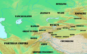 Xiyu 1e eeuw: Perzisch Parthisch rijk in het zuidwesten; Centraal-Aziatische koninkrijken in het midden; Xinjiang, China in het westen