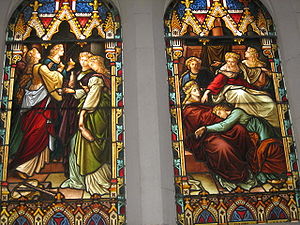 Een afbeelding van de Parabel van de Tien Maagden op een glas-in-loodraam in de Schotse kerk, Melbourne