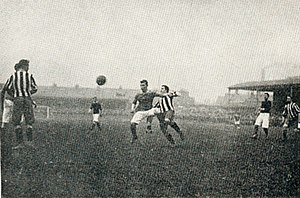 Woolwich Arsenal (here in dark shirts) in the FA Cup semi-final - the first in the club's history - against Newcastle United (in striped shirts). The match at the Victoria Ground in Stoke-on-Trent was won 2-0 by Newcastle on 31 March 1906.
