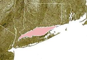 Long Island Sound tarp Konektikuto (šiaurėje) ir Long Islando (pietuose) pažymėtas rausva spalva.