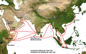 La rotta dei viaggi della flotta di Zheng He.
