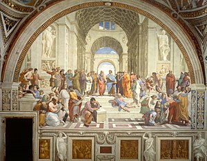 A Escola de Atenas por Rafael. Aristóteles (retratado em azul no arco central) escreveu que a verdade pode ser encontrada através da observação e da indução. Este foi seu método científico.