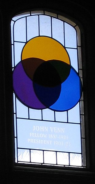 Gebrandschilderd raam in Cambridge, waar John Venn studeerde. Het toont een Venn-diagram.  