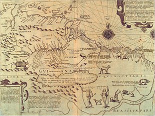 Map of Amazonia (1599) by Theodor de Bry with depiction of Amazons, headless and other mythical creatures with reference to Sir Walter Raleigh
