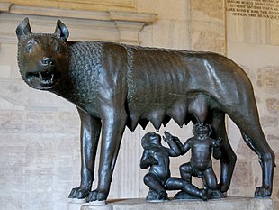 Rome's founding myth: The Capitoline she-wolf suckles Romulus and Remus, 13th century. The two boys are from the 15th century.
