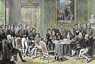 Delegates of the Congress of Vienna in a contemporary copperplate engraving (coloured) by Jean Godefroy after the painting by Jean-Baptiste Isabey