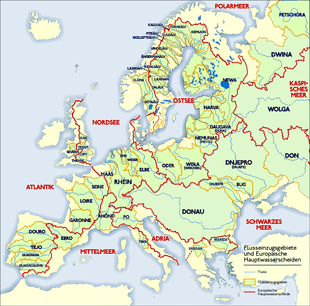 River basins and main watersheds in Europe