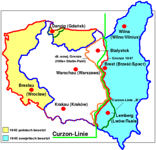 Borderlines of Poland between the two world wars and afterwards. Green line: Curzon line proclaimed by the Western Allies on 8 December 1919 as the demarcation line between Soviet Russia and Poland, based on the ethnographic principle. Blue line: the border established after the end of the war until 1923 through territorial acquisitions by General Józef Piłsudski (Eastern Galicia in 1919, Volhynia in 1921 and Vilnius region in 1920/1922) in disregard of the Curzon Line, which had applied until 1 September 1939. Brown line: German-Soviet demarcation line of September 28, 1939. Red line: today's state border of Poland; in the west (left) the Oder-Neisse line. Turquoise area: territorial expansion undertaken by Poland after the end of World War I until 1923. Yellow area: eastern territories of the German Reich claimed by Poland as compensation for the loss of the territories east of the Curzon Line in the borders of 1937 ("westward shift").