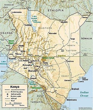 Mapa do Quênia, mostrando o Lago Turkana (canto superior esquerdo) atravessando o norte para a Etiópia.