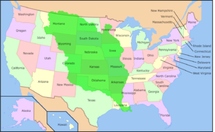 The colony of Louisiana sold in the Louisiana Purchase (green)