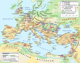 Overview of the road network in the Roman Empire in 125 AD (see also List of Roman Roads) under Emperor Hadrian: Roman Road Border of the Imperium romanum Roman military camp (legion camp) Roman city