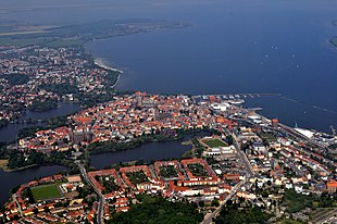 Aerial view with old town island at the Strelasund (2011).