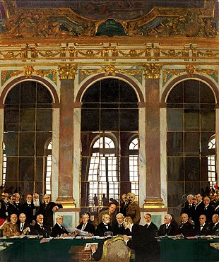 William Orpen: The Signing of Peace in the Hall of Mirrors. Signing of the treaty in the Hall of Mirrors at the Palace of Versailles in 1919.