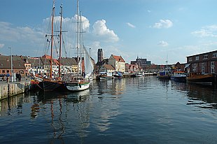 View from the old harbour to the old town of Wismar, which together with Stralsund is a UNESCO World Heritage Site.