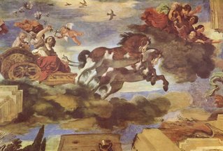 Aurora, Guercino, 1621-23 (mennyezeti freskó a római Casino Ludovisiben), a barokk illuzionista festészet klasszikus példája.
