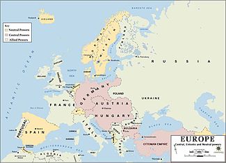 1914年的欧洲军事联盟。中央势力以紫色显示，盟国以灰色显示，中立国以黄色显示。