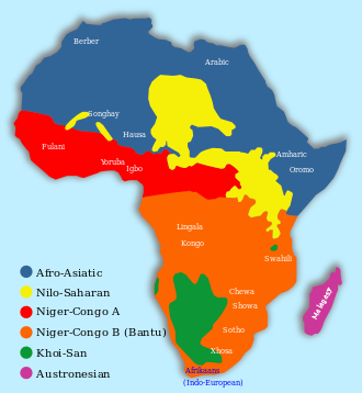 Um mapa mostrando as seis famílias de línguas tradicionais na África.