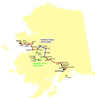 The routes of the Iditarod from Anchorage to Nome. The middle section is driven in annual alternation on a northern and a southern route: in even years of odd years