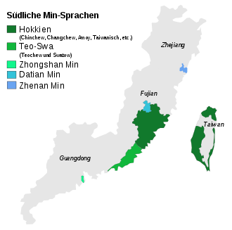 Southern Min language: Hokkien in dark green. Teo-Swa in light green. Zhongshan-Min in turquoise. Datian-Min in light blue. Zhenan-Min in blue. Provinces: Zhejiang, Fujian and Guangdong ­and Taiwan.