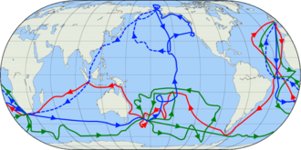 The routes of Cook's voyages: red = 1st voyage, green = 2nd voyage, blue = 3rd voyage, blue dashed line = route of his crew after he perished.