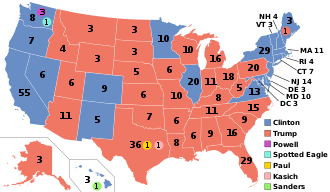 Trump versloeg de Democraat Hillary Clinton in de presidentsverkiezingen van 2016 met 304 van de 538 kiesmannen. Vijf andere personen kregen kiesmannen van trouweloze kiezers.  