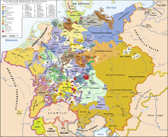 The Holy Roman Empire after the Peace of Westphalia in 1648 (in purple ecclesiastical territories, in red the imperial cities).